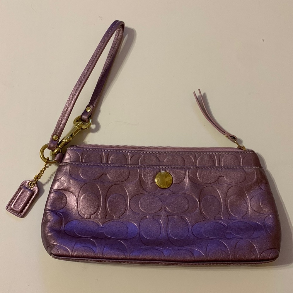 Metallic lilac coach wristlet